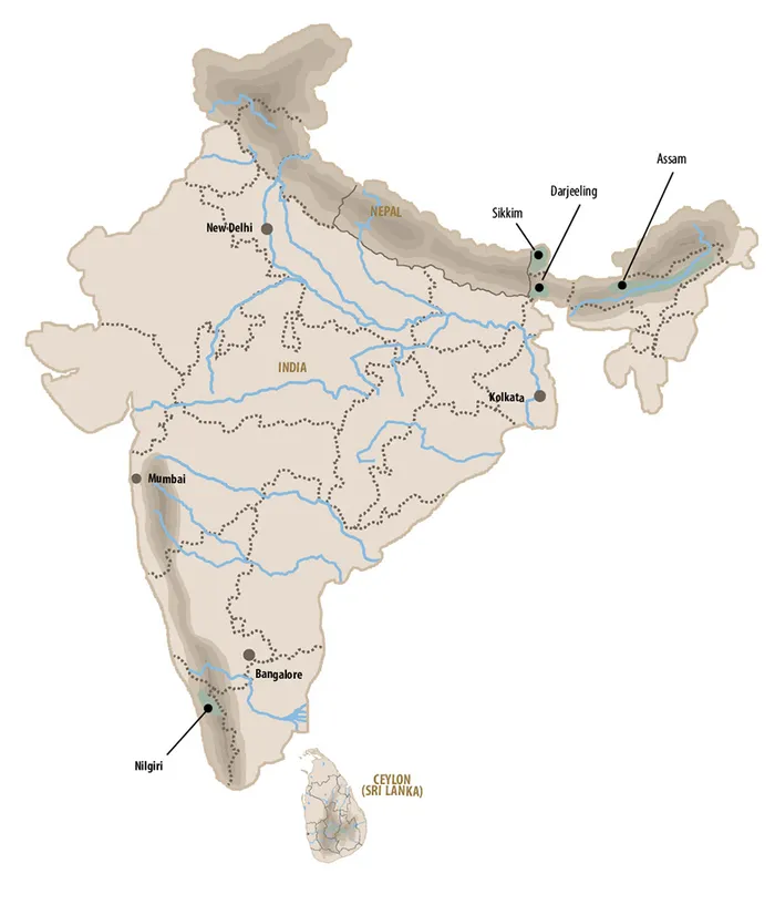 Map of India showing Darjeeling and Assam